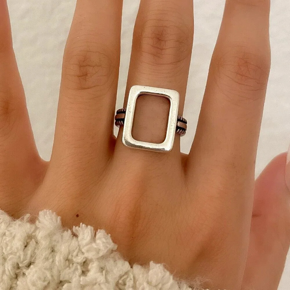 925 Sterling Silver Chunky Ring Rectangle Geometric Minimalist Ring - Picture 2 of 5
